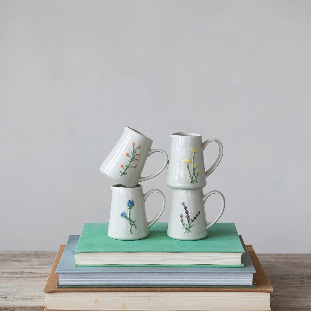 Hand-Painted Embossed White Stoneware Creamer | Botanicals