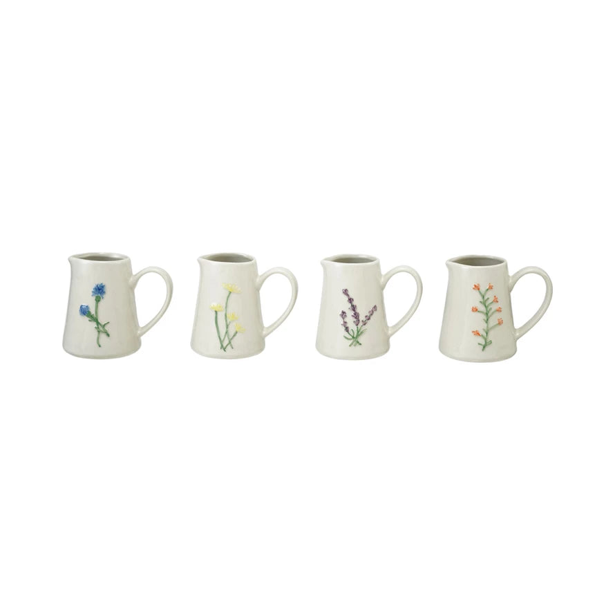 Hand-Painted Embossed White Stoneware Creamer | Botanicals