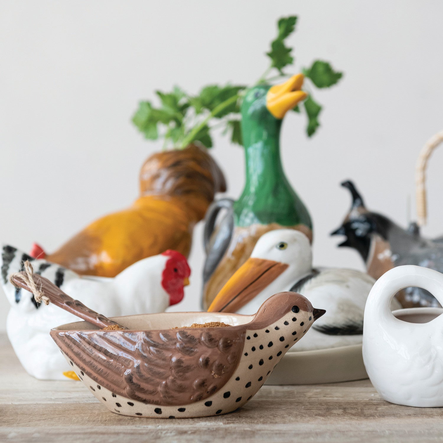 Hand-Painted Stoneware Bird Shaped Bowl & Tail Shaped Spoon
