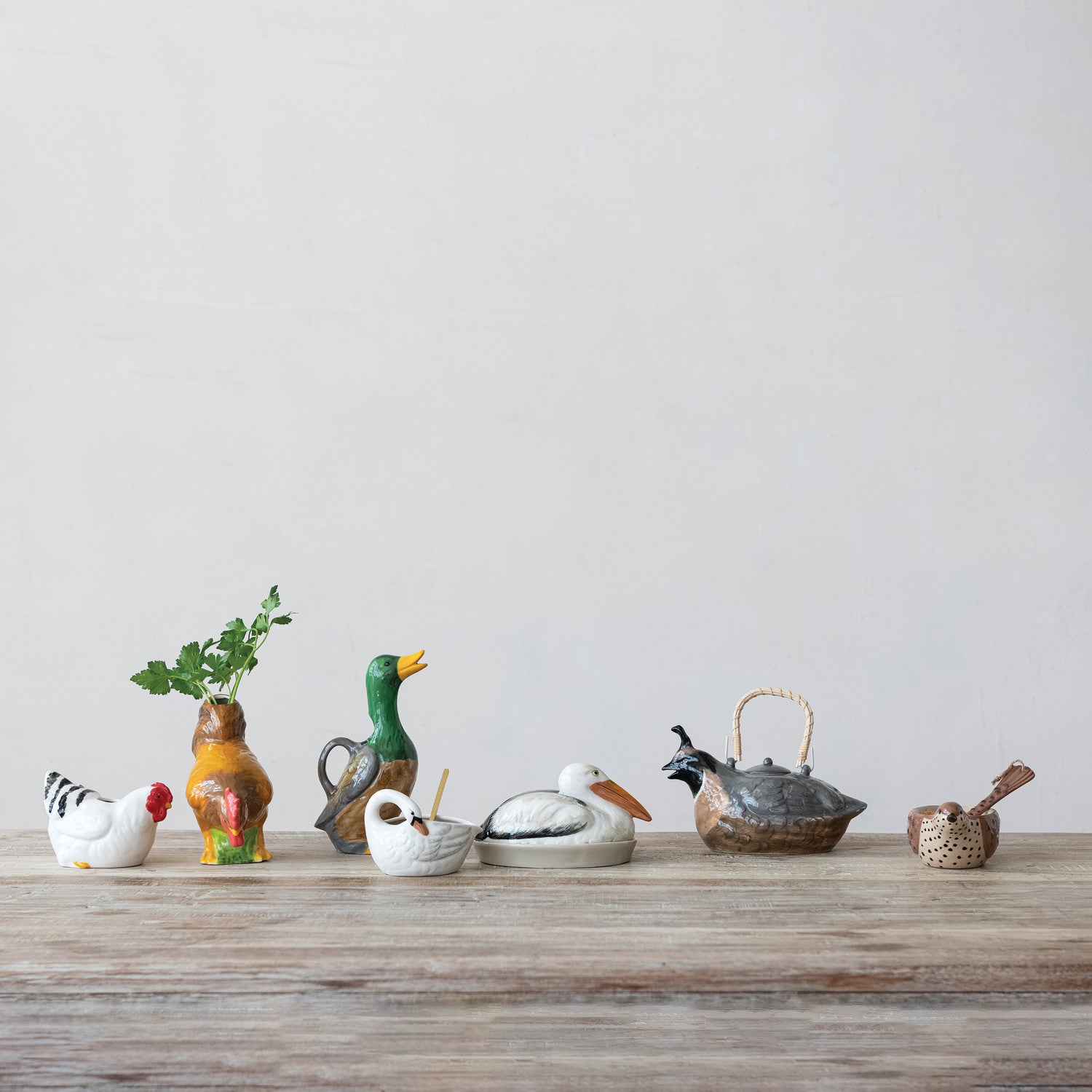 Hand-Painted Stoneware Bird Shaped Bowl & Tail Shaped Spoon