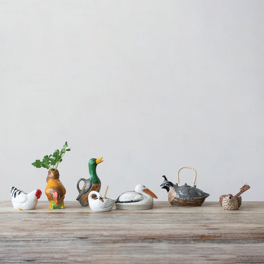 Hand-Painted Stoneware Bird Shaped Bowl & Tail Shaped Spoon