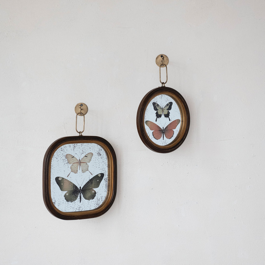 Antique Butterfly Study Mirror with Brass Wall Hook