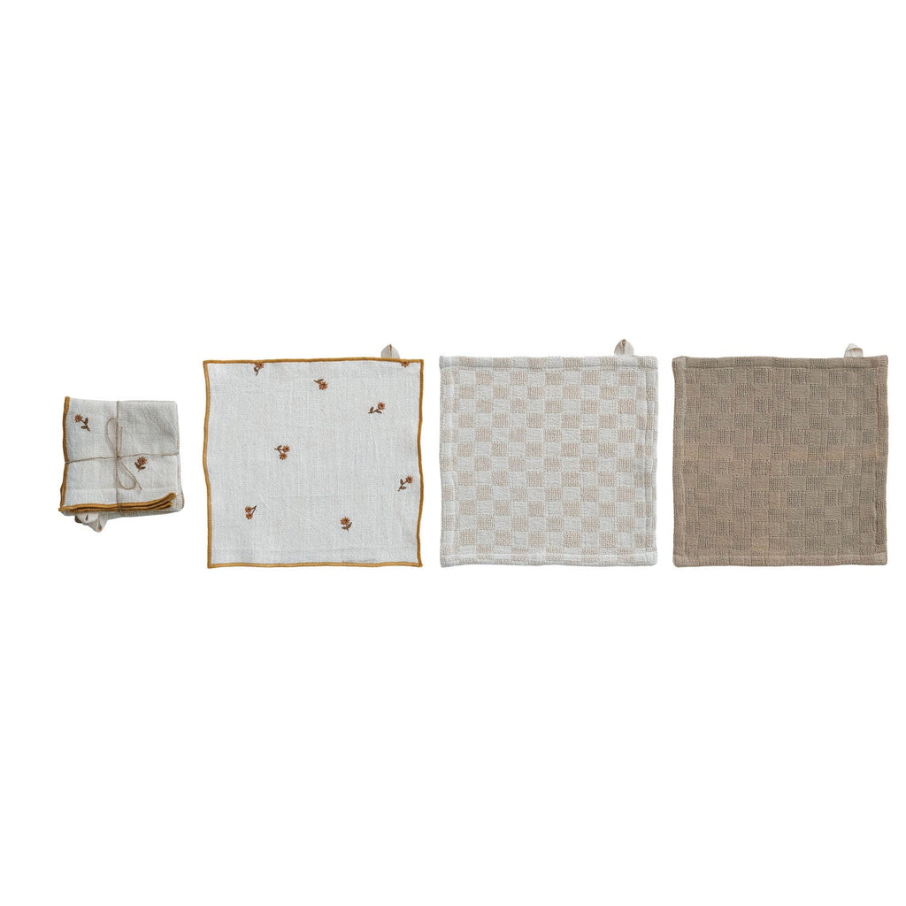 S/3 Embroidered Floral & Waffle-Weave Dish Cloths