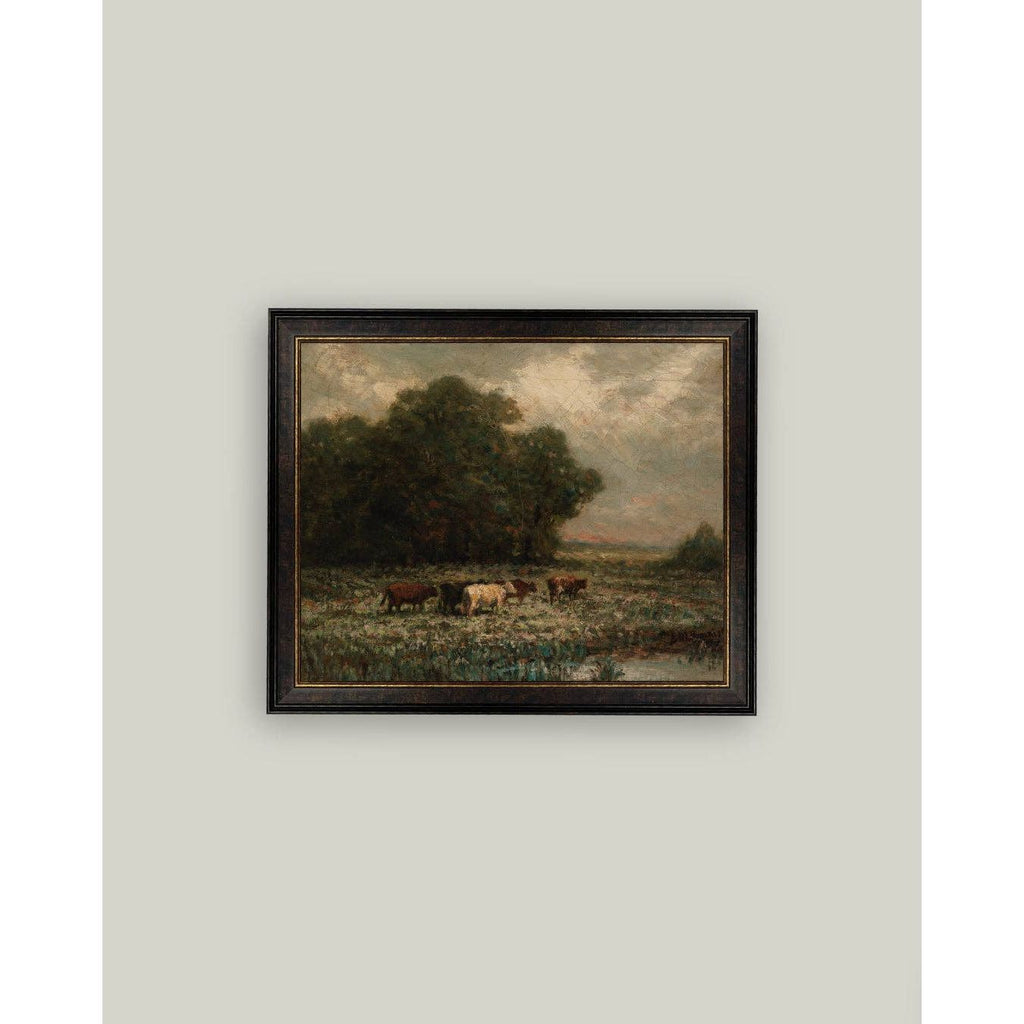 Cattle Grazing Framed Antique Art | 9x7