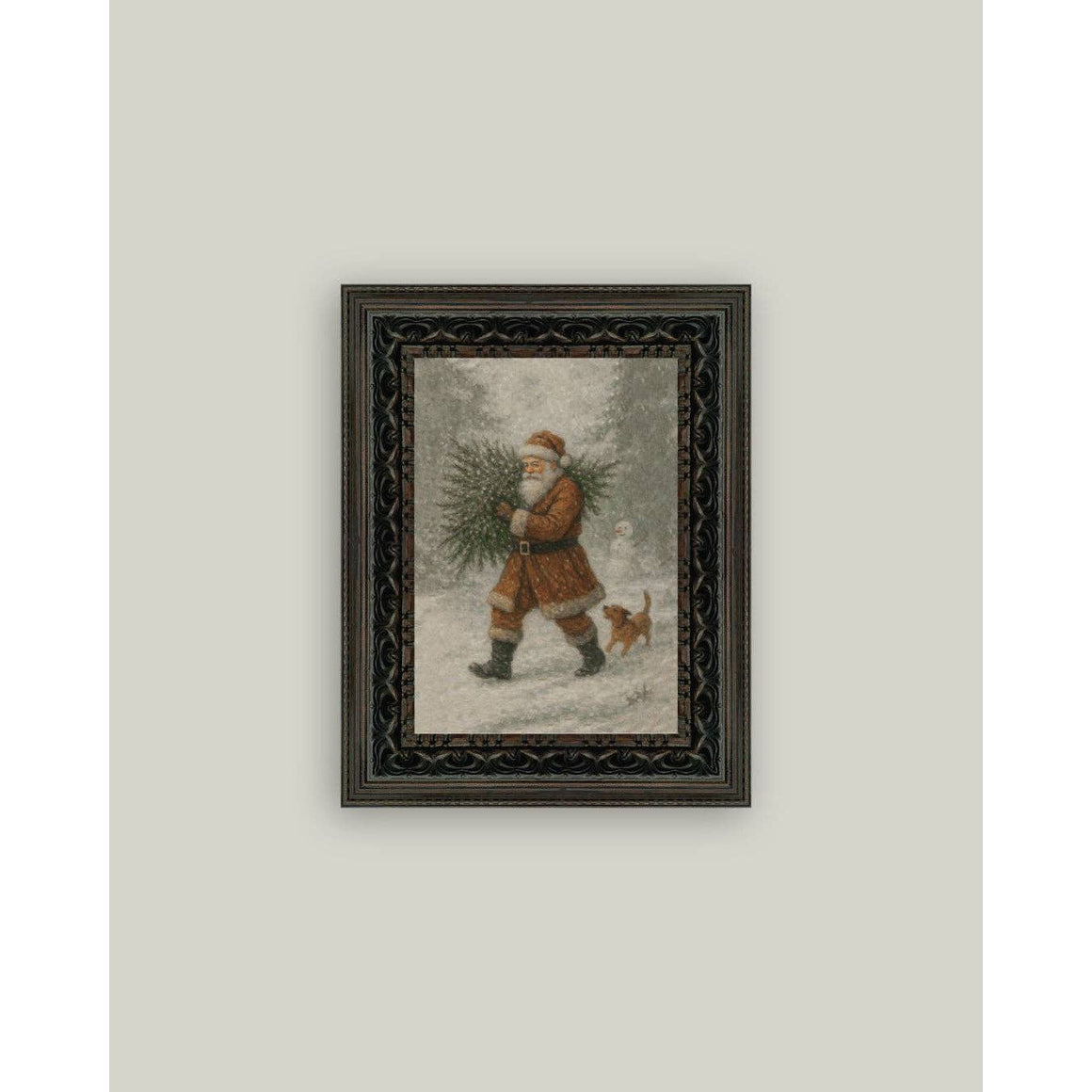 Santa w/Tree Framed Antique Art |  5 x 7