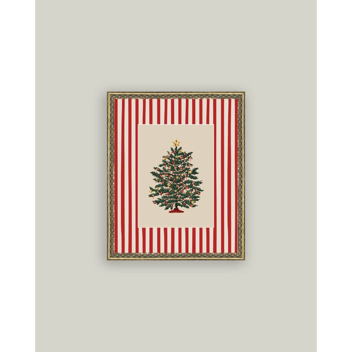 Peppermint Stripe Tree Framed Antique Art | 5x7