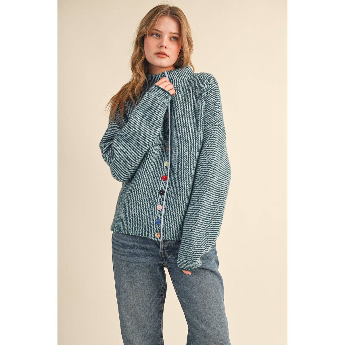 &MERCI - STRIPED SWEATER CARDIGAN WITH COLORFUL BUTTONS MSW11250: IVORY RED / S