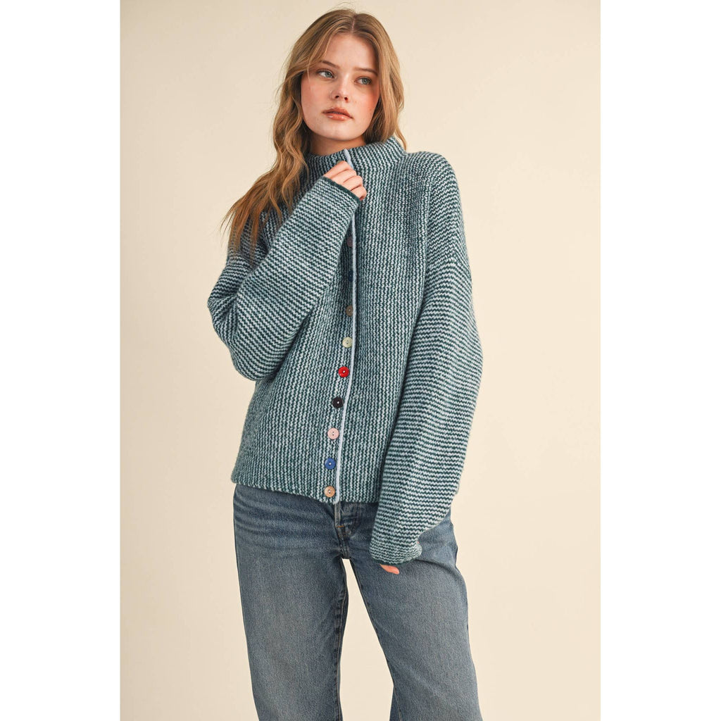 &MERCI - STRIPED SWEATER CARDIGAN WITH COLORFUL BUTTONS MSW11250: IVORY RED / M
