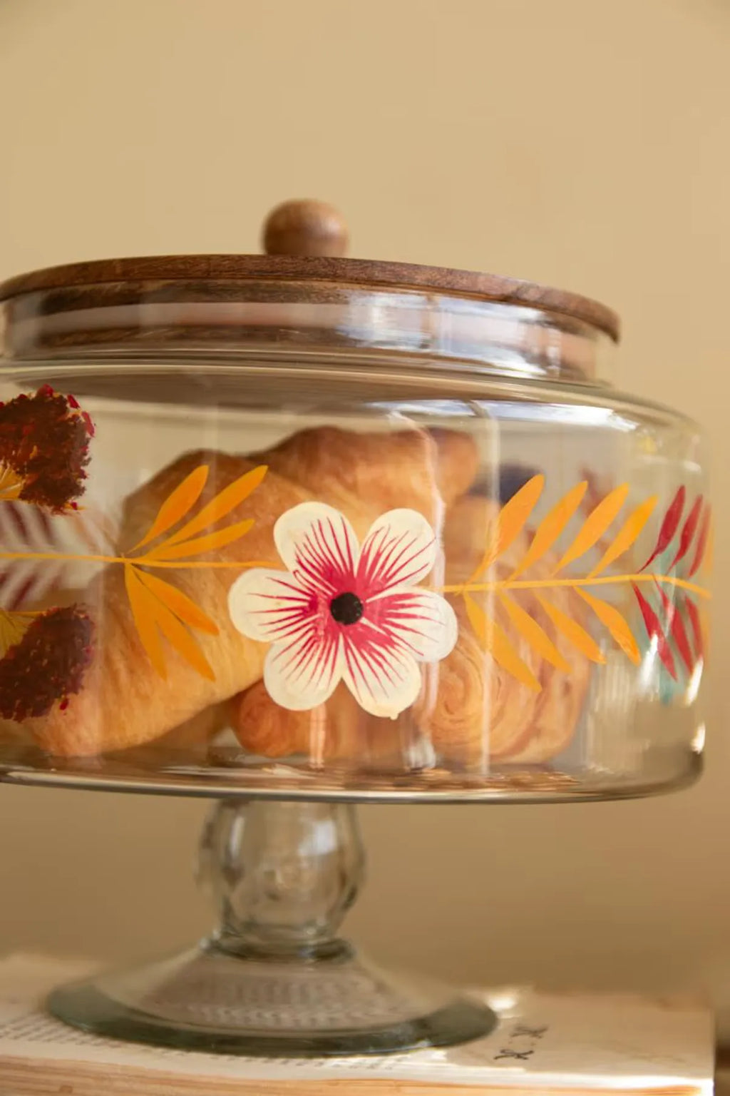 S/2 Hand-Pained Floral Footed Glass Canisters