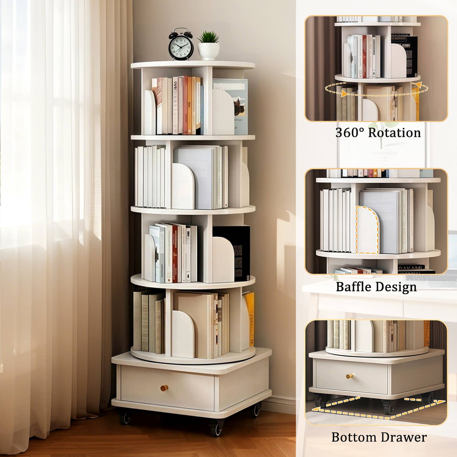 Rotating Bookshelf w/Drawer | 6 Tier