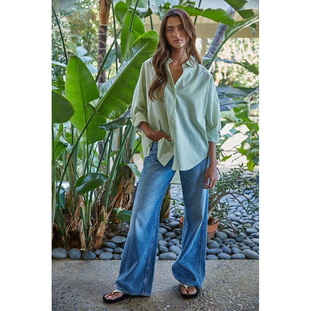 By Together - L8287 | Woven Cotton Polyester Striped Buttondown Shirt: Denim Blue / S