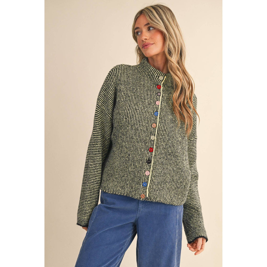 &MERCI - STRIPED SWEATER CARDIGAN WITH COLORFUL BUTTONS MSW11250: BLACK LIME / M