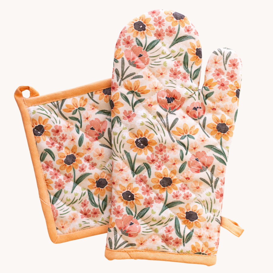 Oven Mitt + Pot Holder Set  | Sunny Poppies