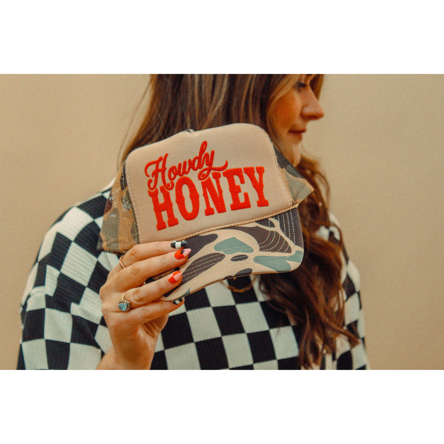 Howdy Honey | Western Trucker Hat - Tan/Brown