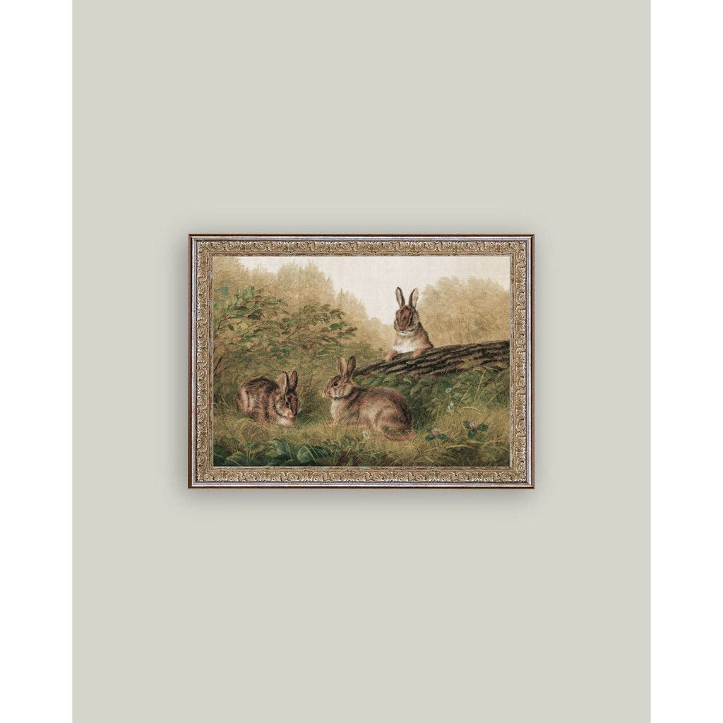 Framed Antique Art | Rabbits on a Log - 7x5