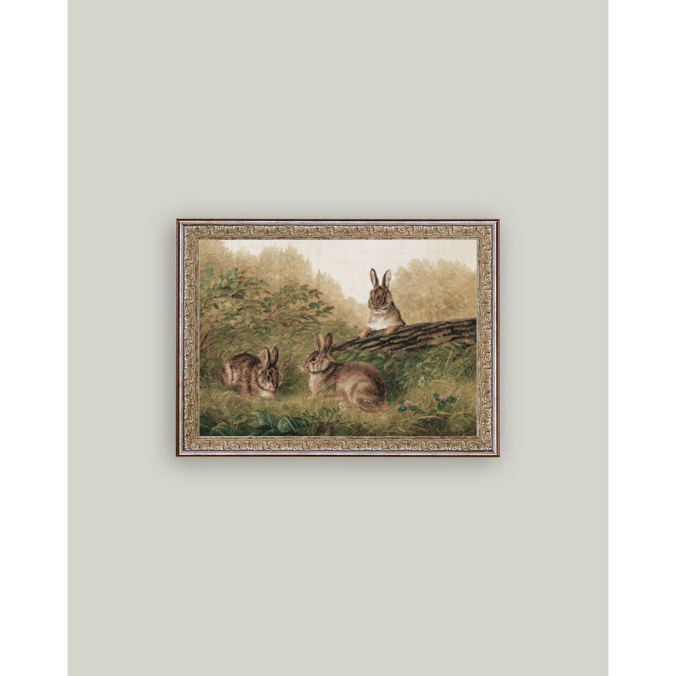Framed Antique Art | Rabbits on a Log - 7x5