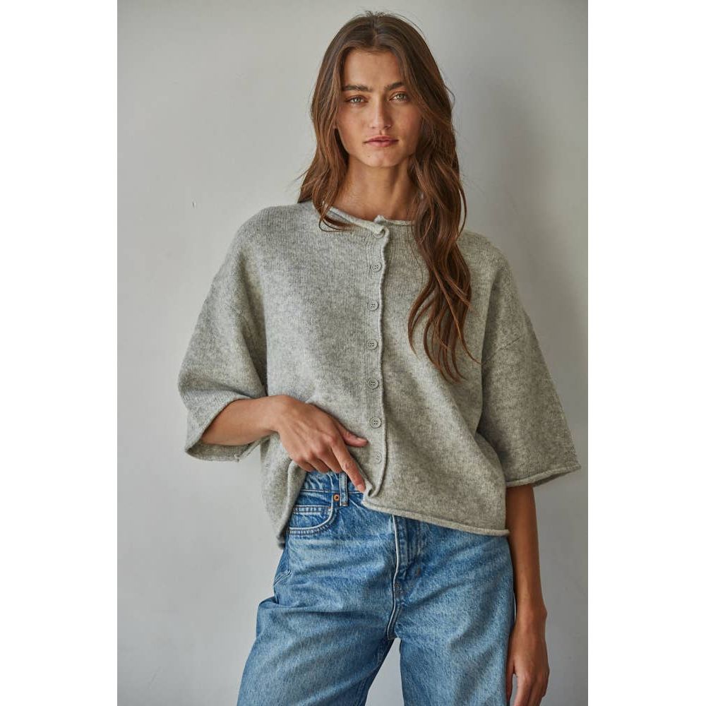 Knit Sweater Quarter Sleeve Button Up Cardigan Top