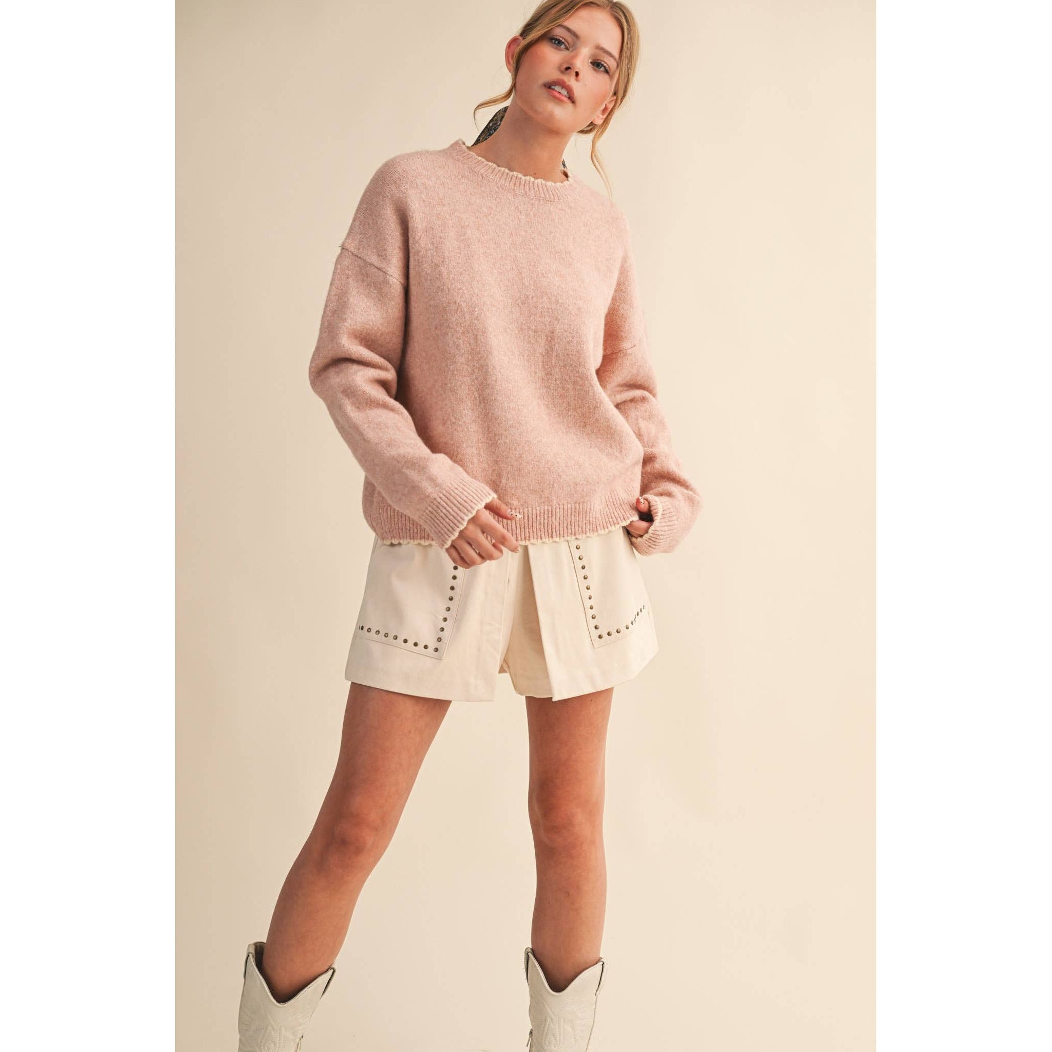 &MERCI - CONTRAST KNIT SCALLOPED EDGE SWEATER MSW11114: CHARCOAL PINK / L