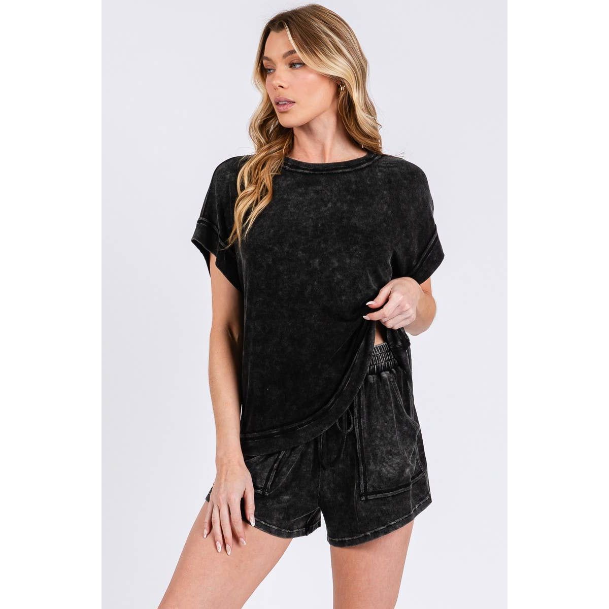 Mineral Washed Top & Shorts Rib Set | Black