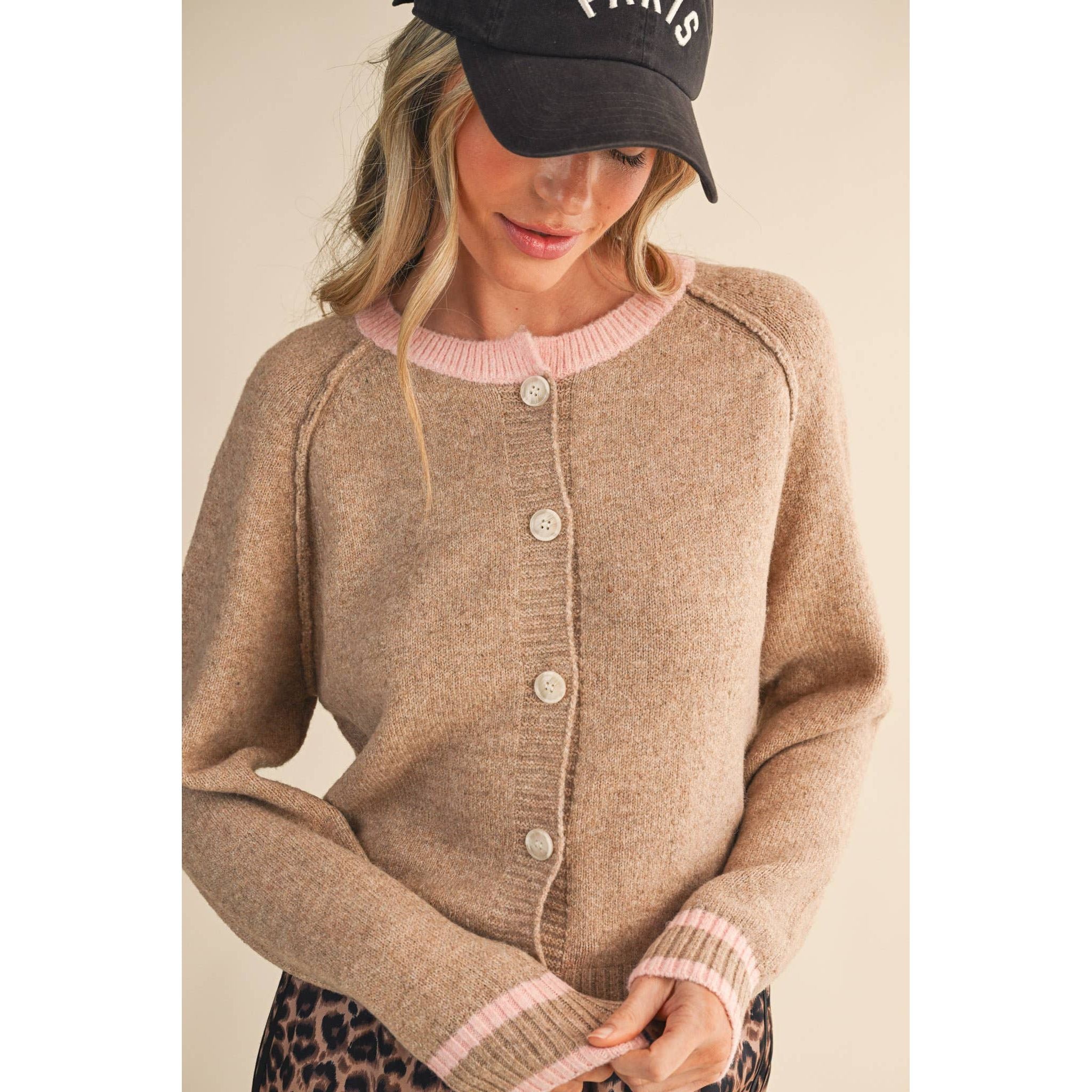 &MERCI - TWO TONE SWEATER CARDIGAN MSW11246: CHOCOLATE BROWN / M