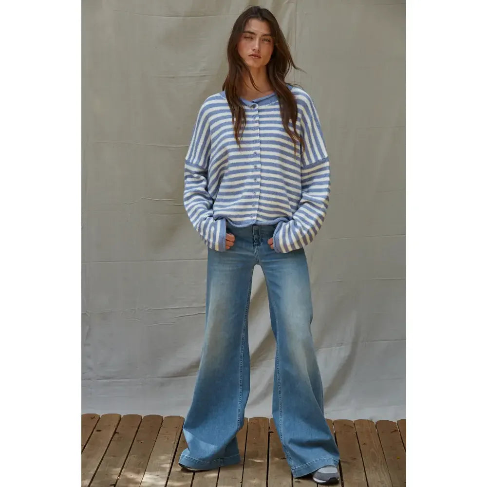 Knit Sweater Striped Button Down Cardigan Top | Blue & Ivory