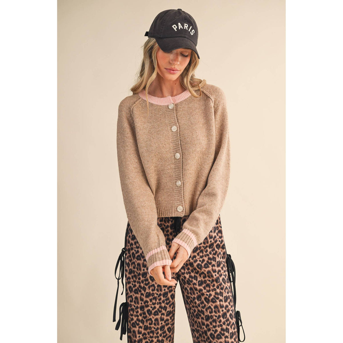 &MERCI - TWO TONE SWEATER CARDIGAN MSW11246: CHOCOLATE BROWN / L
