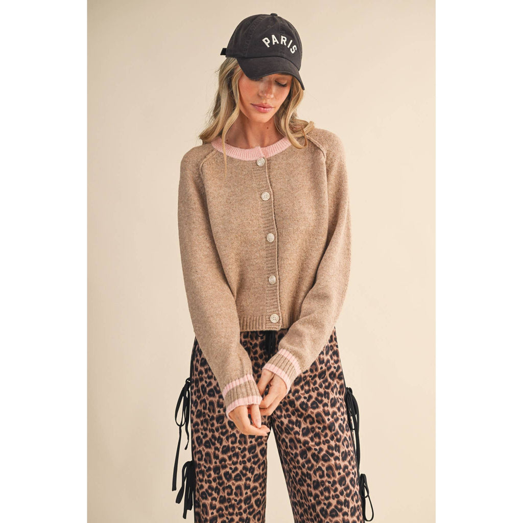 &MERCI - TWO TONE SWEATER CARDIGAN MSW11246: CHOCOLATE BROWN / S