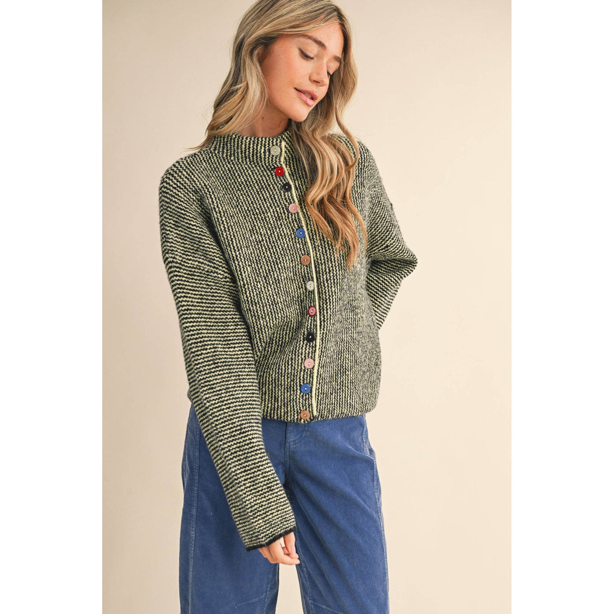 &MERCI - STRIPED SWEATER CARDIGAN WITH COLORFUL BUTTONS MSW11250: IVORY RED / M