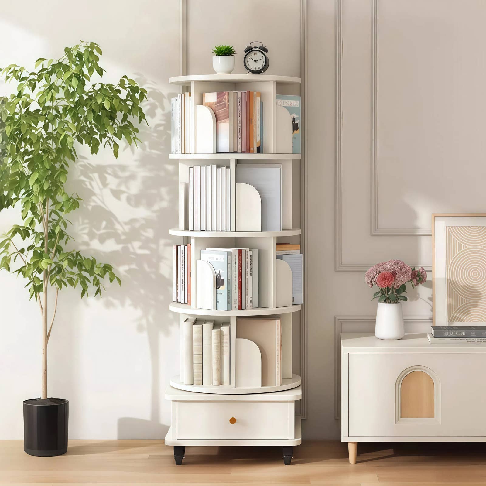 Rotating Bookshelf w/Drawer | 6 Tier