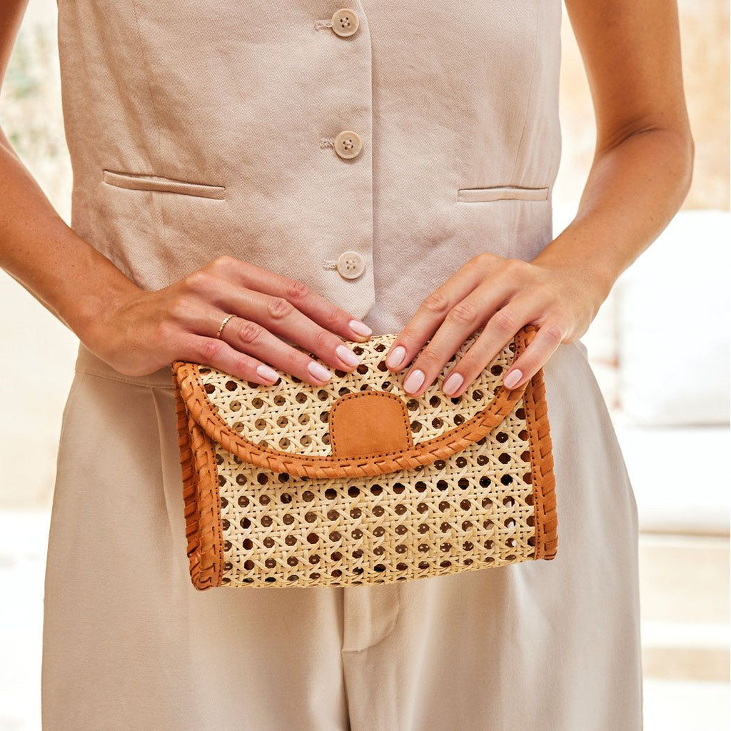 Rattan Clutch w/Leather Trim and Crossbody Strap