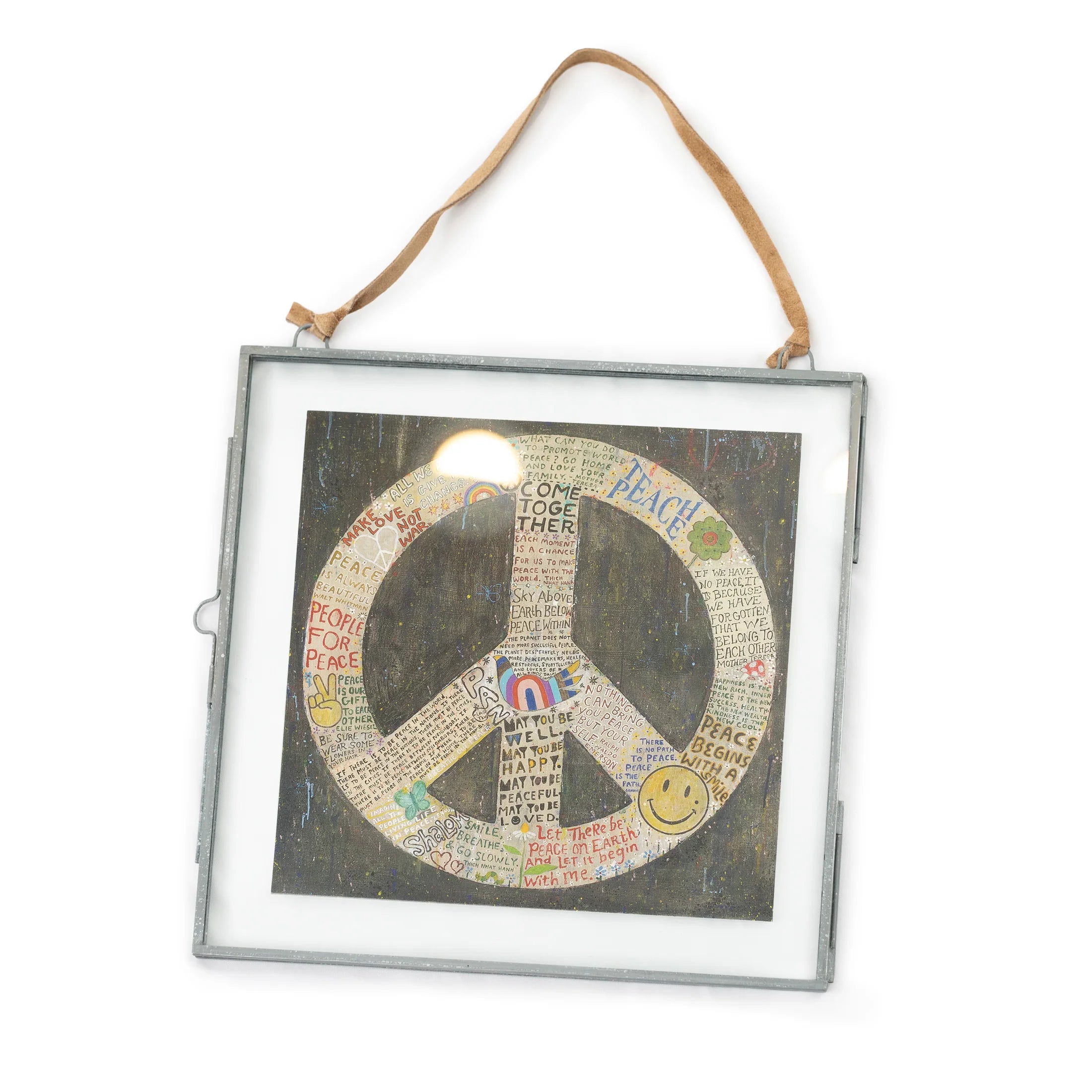 Glass & Zinc Finish Wall Hanging Picture Frame w/Brown Suede