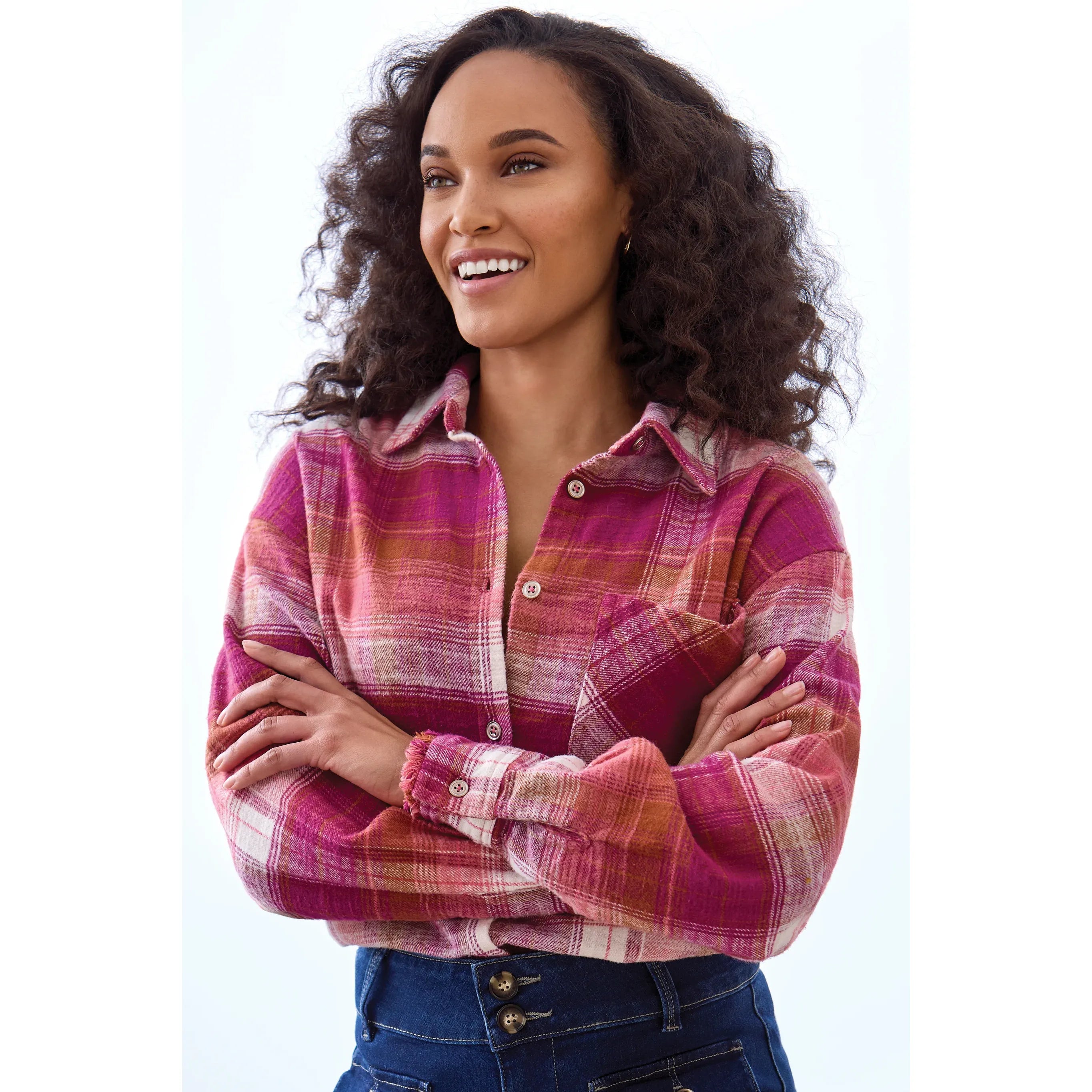 Oversized Flannel Fringed-Hem Shirt | Plumwine