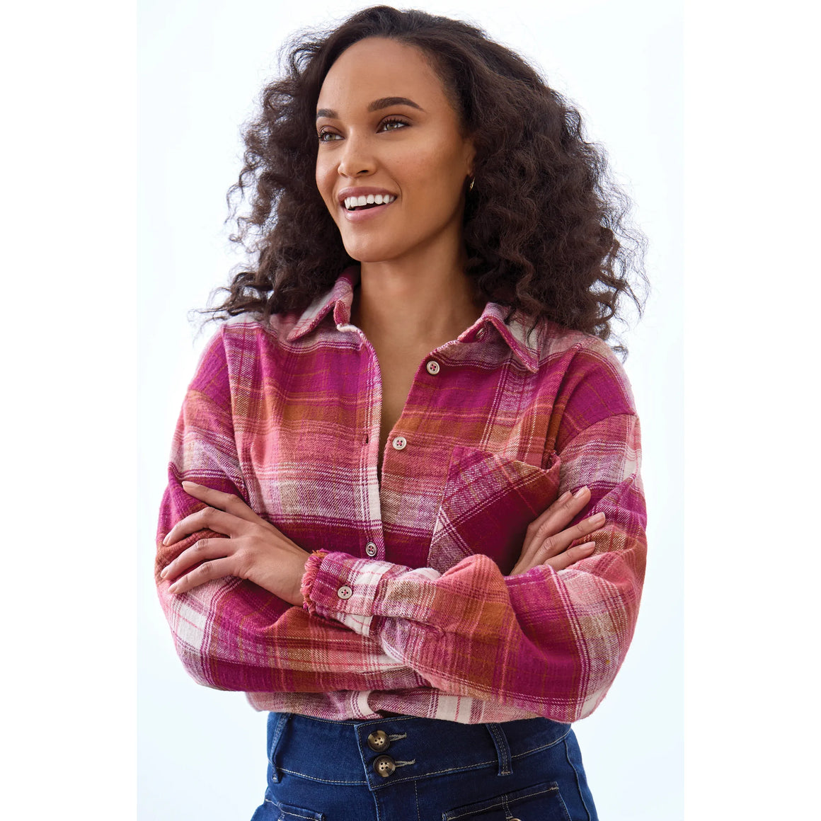 Oversized Flannel Fringed-Hem Shirt | Plumwine
