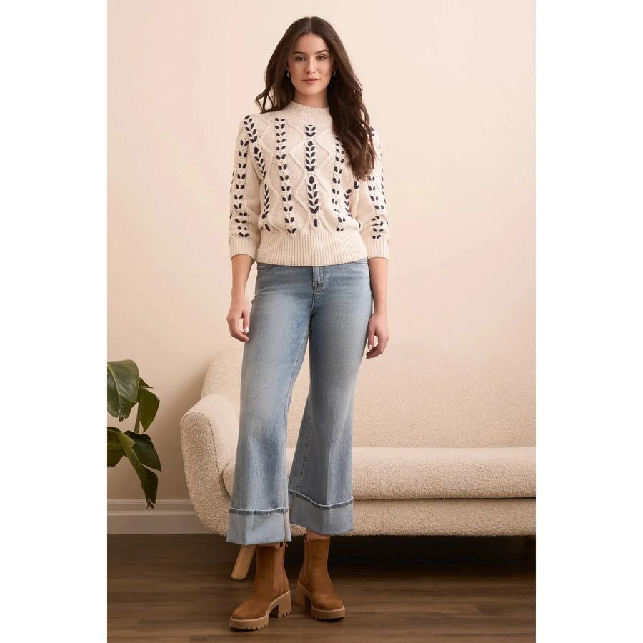 3/4 Mock Neck Sweater w/Cable Detail | Moonstone