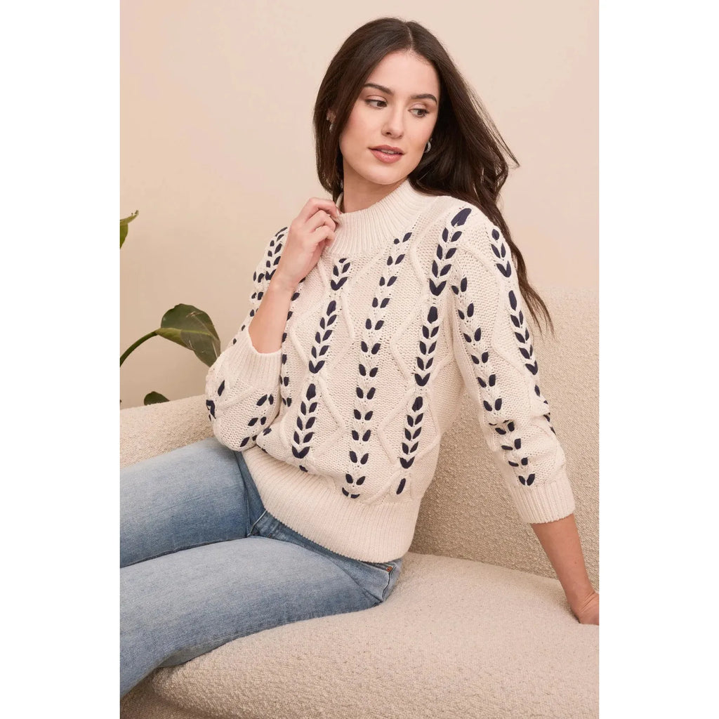 3/4 Mock Neck Sweater w/Cable Detail | Moonstone