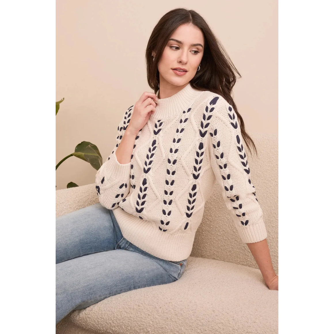 3/4 Mock Neck Sweater w/Cable Detail | Moonstone
