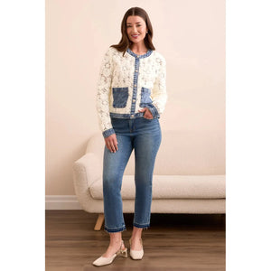 Mixed Media Crochet Jacket w/Denim Detail | Eggshell