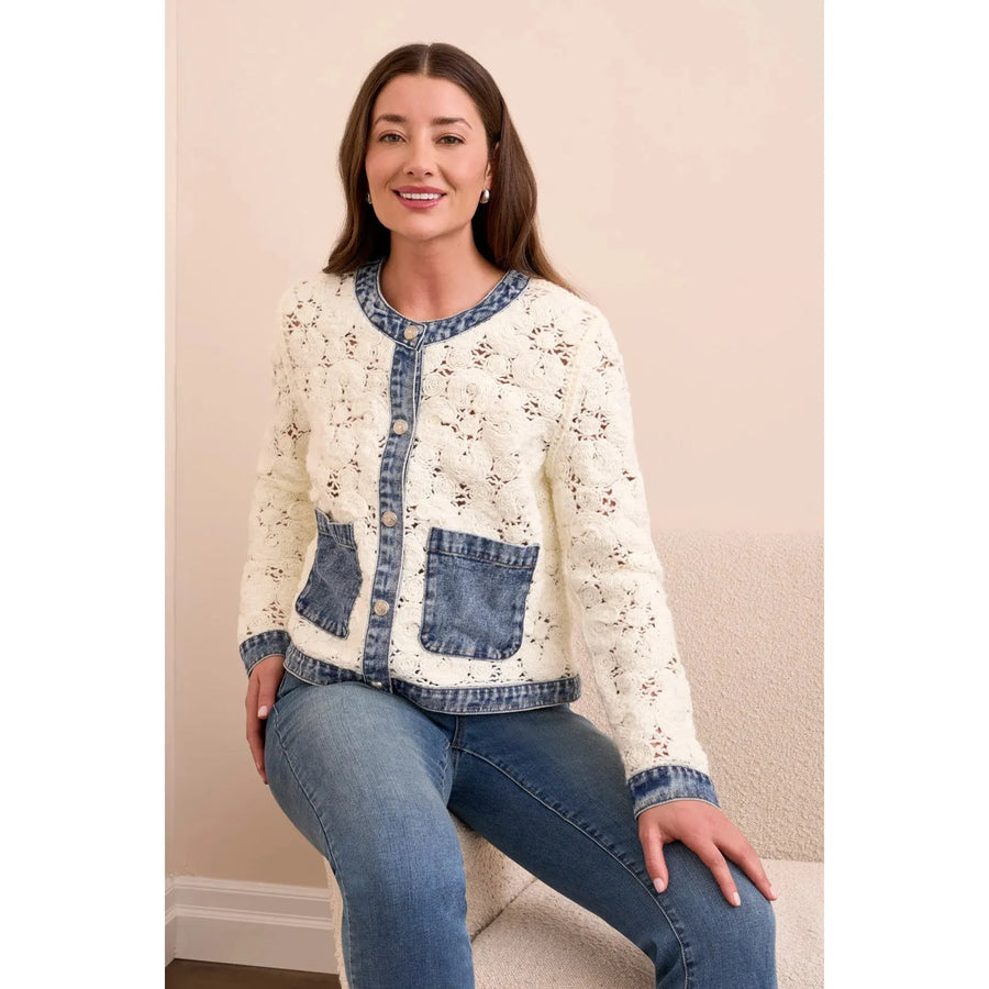 Mixed Media Crochet Jacket w/Denim Detail | Eggshell