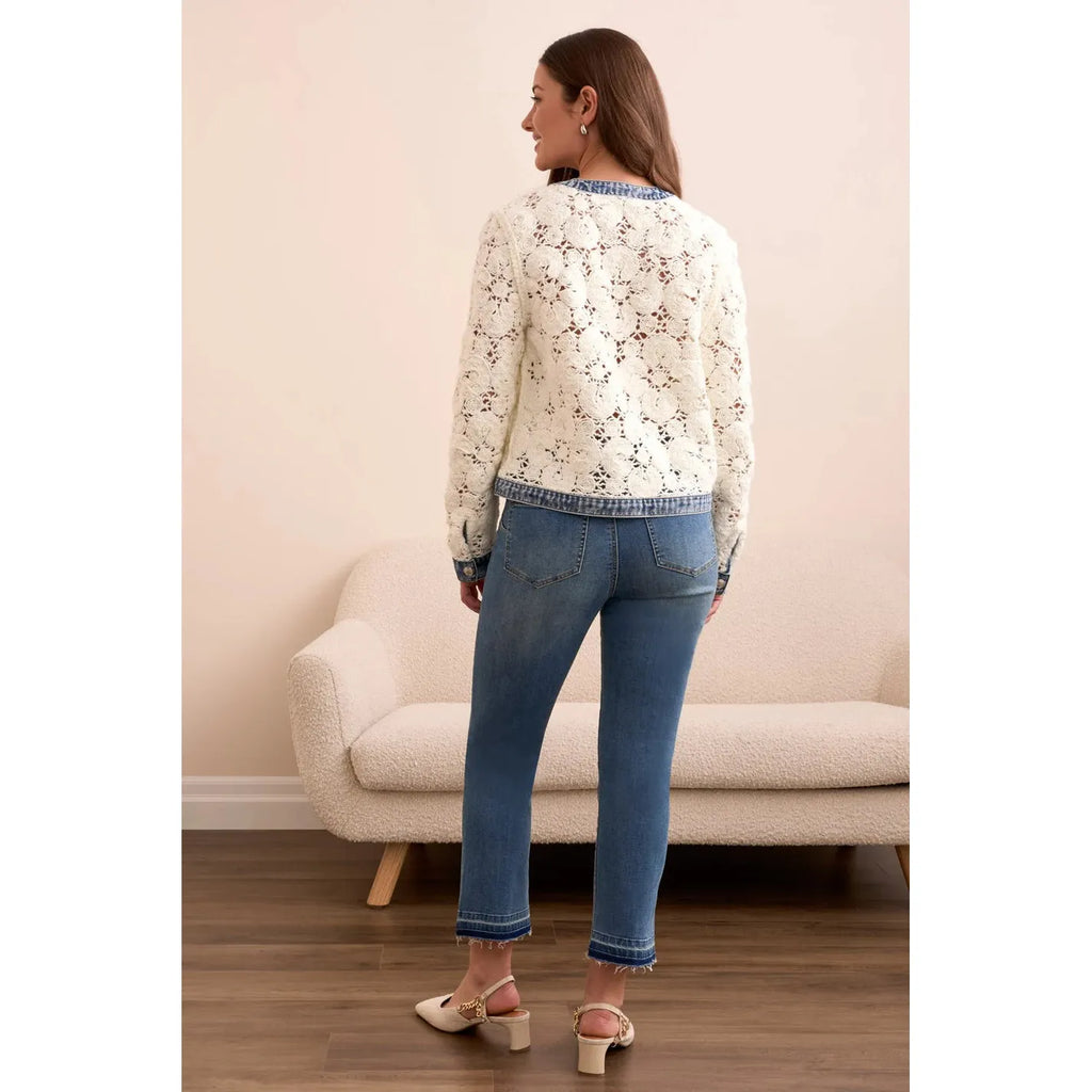 Mixed Media Crochet Jacket w/Denim Detail | Eggshell