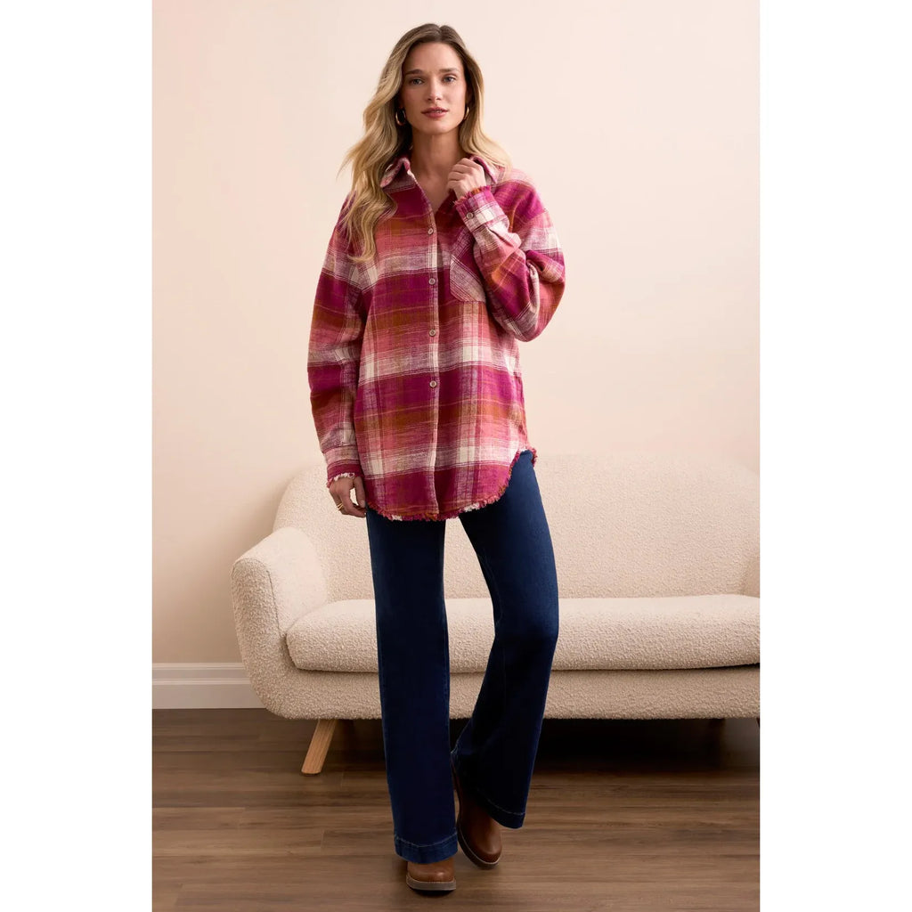 Oversized Flannel Fringed-Hem Shirt | Plumwine
