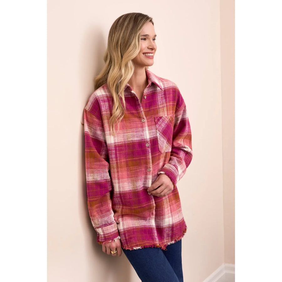 Oversized Flannel Fringed-Hem Shirt | Plumwine