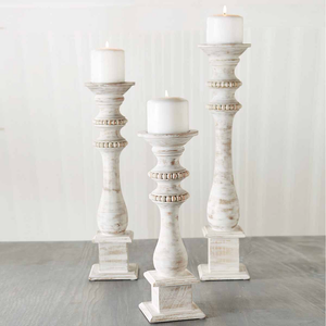 White-Washed Beaded Wood Candlestick | Large