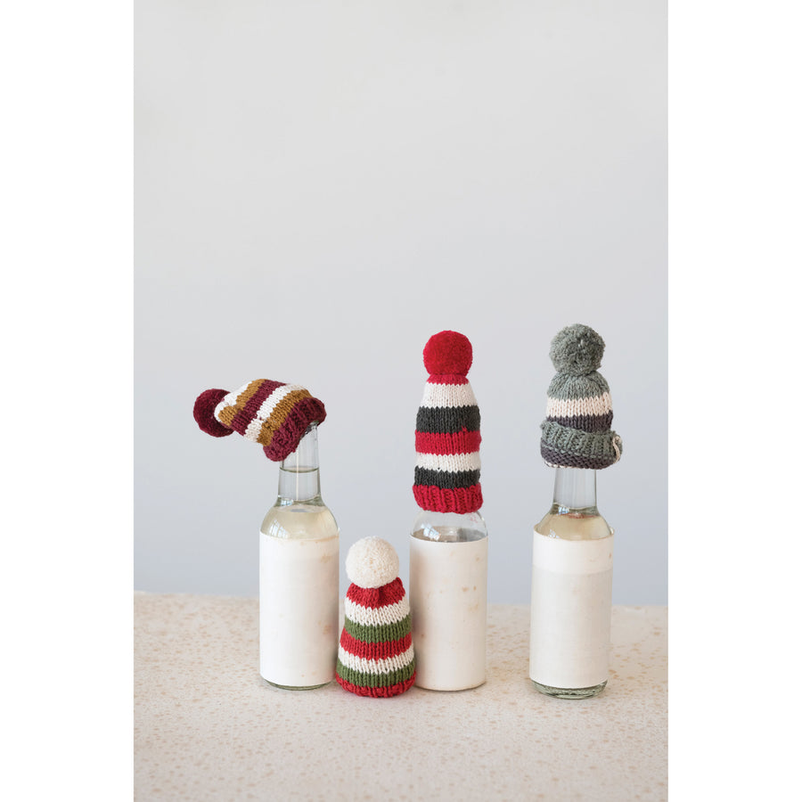 Cotton Knit Hat Bottle Topper w/ Stripes & Pom Pom