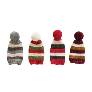 Cotton Knit Hat Bottle Topper w/ Stripes & Pom Pom