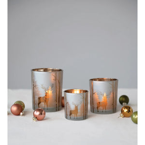 Silver & Gold Mercury Glass Candle Holder w/Laser Etched Scene