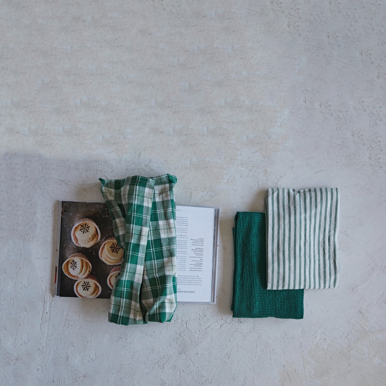S/3  Cotton Waffle Weave Green & White Tea Towel
