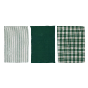 S/3  Cotton Waffle Weave Green & White Tea Towel