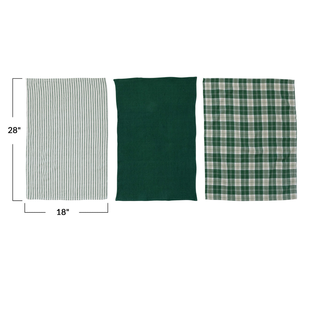 S/3  Cotton Waffle Weave Green & White Tea Towel