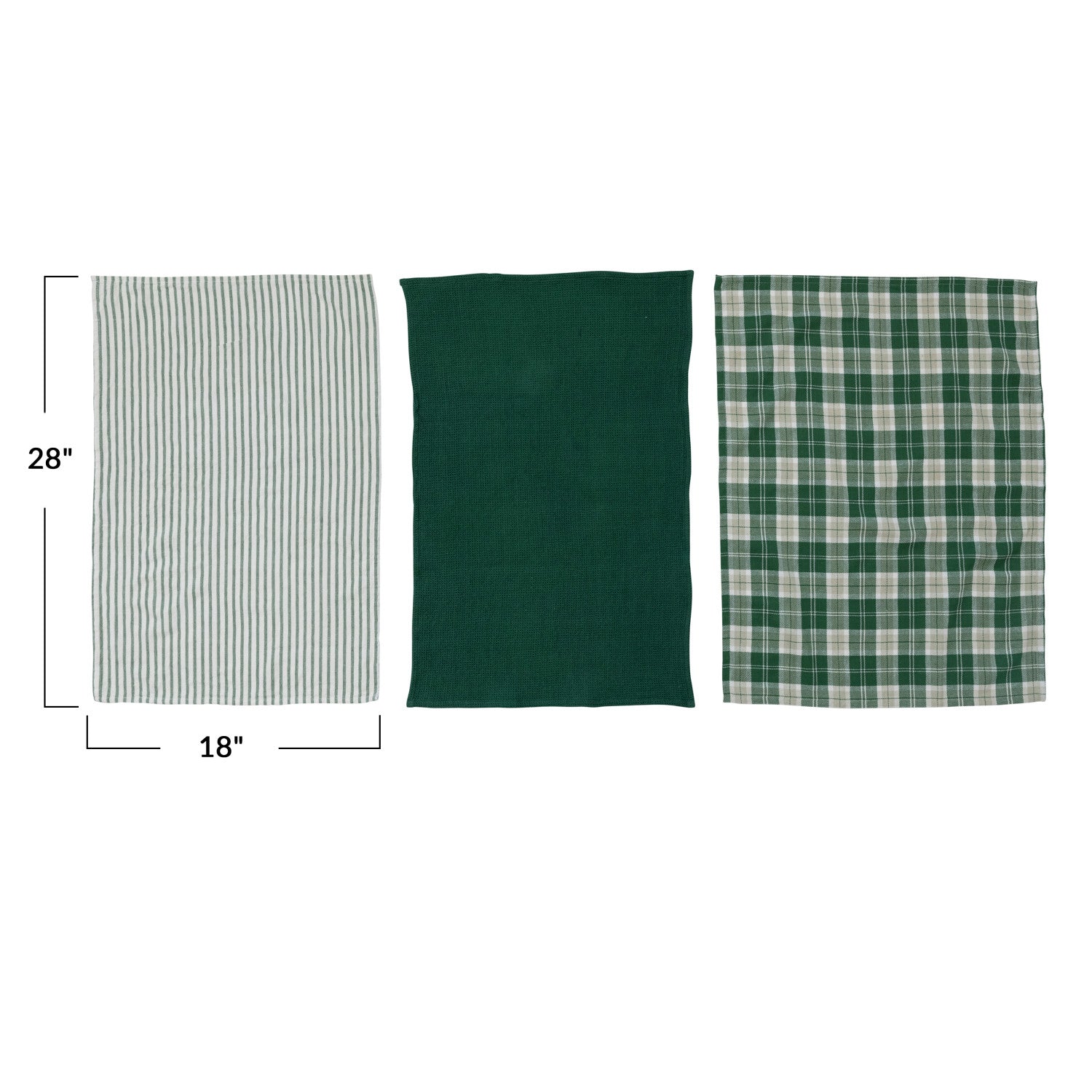 S/3  Cotton Waffle Weave Green & White Tea Towel