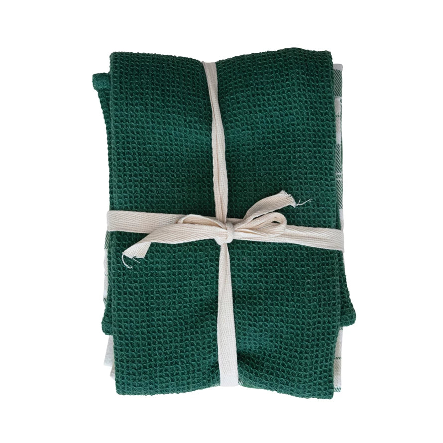 S/3  Cotton Waffle Weave Green & White Tea Towel